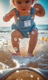 a baby playing on the beach while wearing a blue romper