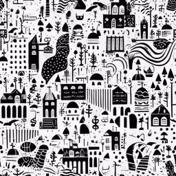 a black and white city background with small buildings and trees
