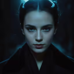 a woman with blue eyes and a black coat with a star in her hair