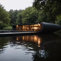 a house boat in the water with its lights on