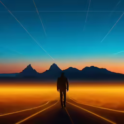 a man walks on a deserted road with an intense sunset in the background
