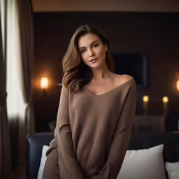a woman with long hair in a dress standing by a couch