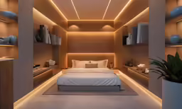 a large white bed in a bedroom under some lighting