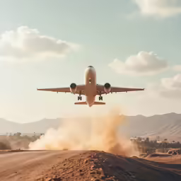 an airplane flying above dirt road in the desert