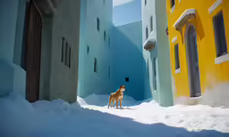a dog standing on top of snow covered ground