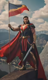 a man dressed in armor standing on top of a mountain