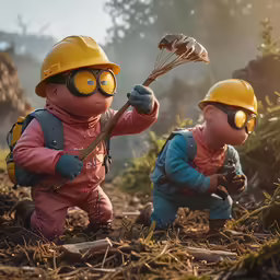 two statues with construction workers in the woods