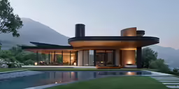 modern looking home sits on a hill overlooking a pool