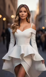a woman wearing white dress, posing for a picture