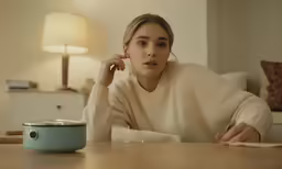the girl sitting next to the coffee cup is listening to something in her ear