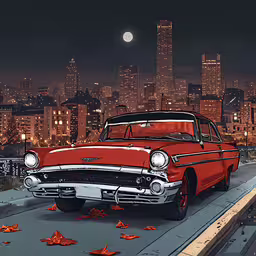 a car that is sitting in the street,an old car parked on a city street