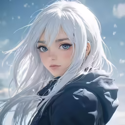 a woman with long white hair and blue eyes