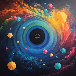 colorful artwork of abstracted image with colored umbrellas flying around it
