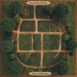 an overhead view shows a circle of lush green bushes and trees