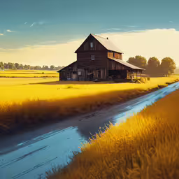 there is a large house that has a roof,a rural barn with the sun peeking over it