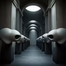 a long row of art sculptures in a hall