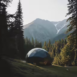 the dome tent is surrounded by green trees and snow
