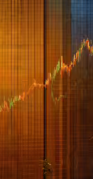 an upward chart with lots of orange,chart displayed on screen displayed against brown walls