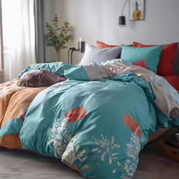 a large bed covered with a colorful comforter and pillows