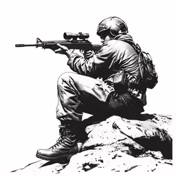 a soldier kneeling on top of a mountain with his rifle in hand