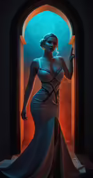 a woman in a blue dress standing by a door