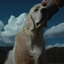 a dog being held by its owner on a sunny day