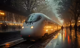 a white train traveling down train tracks under a rain covered sky