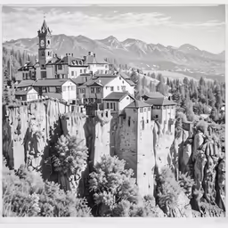 a black and white photo with buildings and mountains