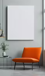 an orange couch is sitting next to a table and lamp
