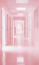 a pink hallway with lots of white doors