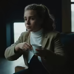 a woman sitting down holding a coffee cup