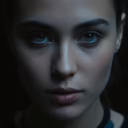 a close - up photo of a young lady with blue eyes