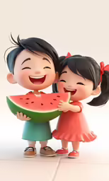 figurines depicting two asian people next to a watermelon