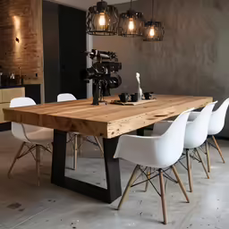 an oak table with 6 white chairs and a camera on the other side