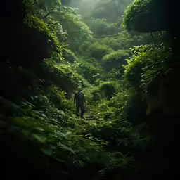 the man is walking through the jungle