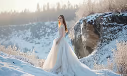 a girl in white gown walking on snow covered ground