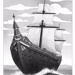 the drawing shows a large sailing ship with sails and sails