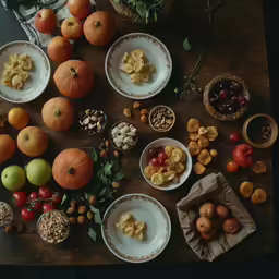 an assortment of food on plates with napkins and flowers