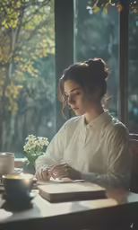 woman looking at her notebook on the table