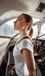 a young female pilot sits in the cockpit of her plane
