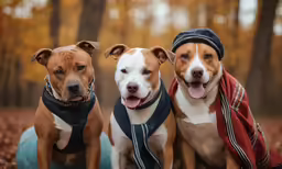three dogs with bandana hats and blankets on sitting on fallen leaves
