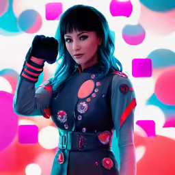 woman wearing black gloves in an image with circular shapes