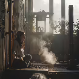 the woman sits in front of the steaming steam engine