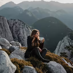 a woman is sitting in the mountains drinking from a cup