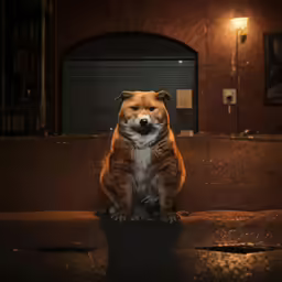 a brown dog sitting in the middle of the floor