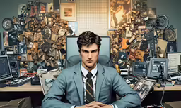a man is sitting at a table with lots of electronic devices and computer equipment