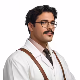 a man wearing glasses and a white shirt with suspenders