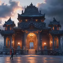 a woman standing outside of an ornate building