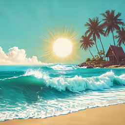 some palm trees are on the shore of an ocean beach