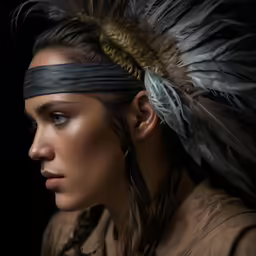a native american girl with feather headdress, looking away from the camera